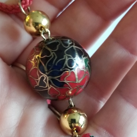 Vintage tassel necklace cloisonne bead red gold tone long cord - Picture 9 of 16